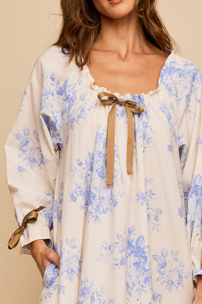 Long Sleeve Tie Nightie Blue Tea Rose
