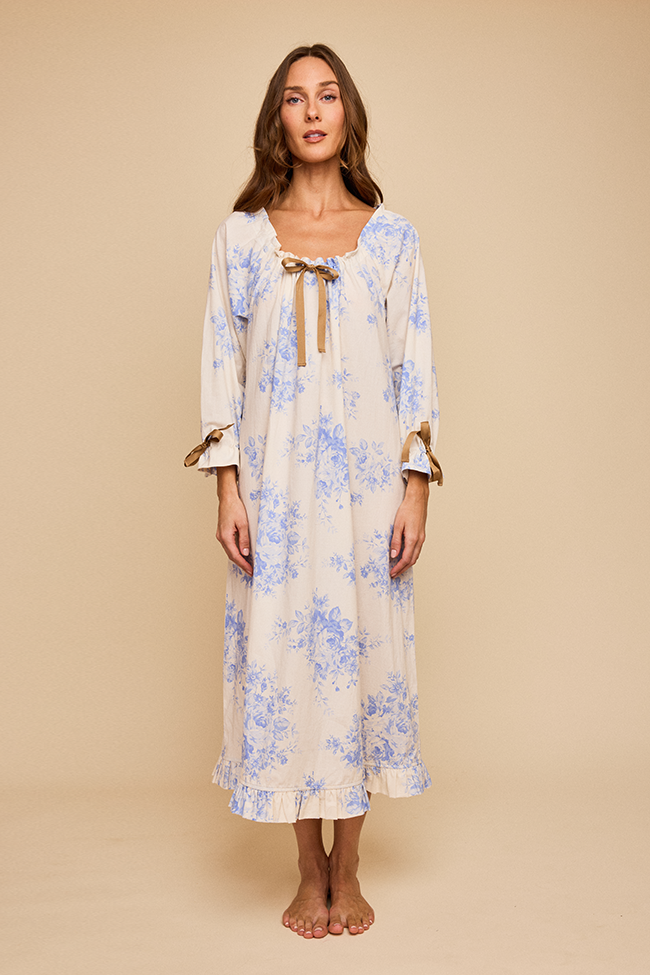 Long Sleeve Tie Nightie Blue Tea Rose