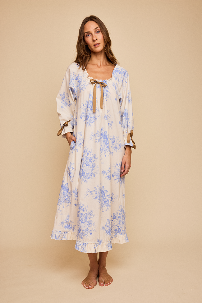 Long Sleeve Tie Nightie Blue Tea Rose