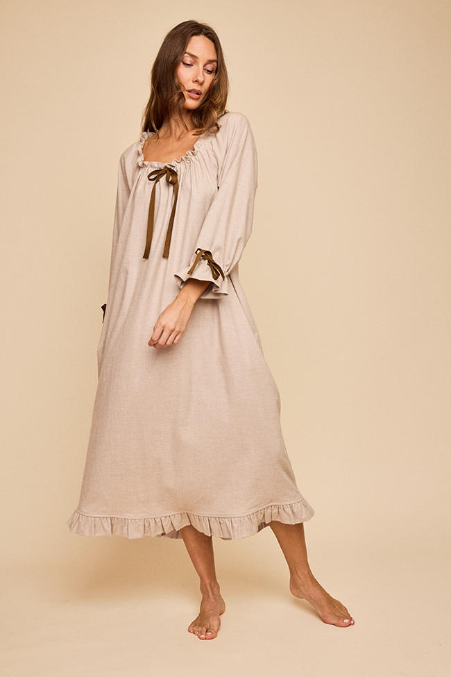 Long Sleeve Tie Nightie Fawn Cashmere Blend