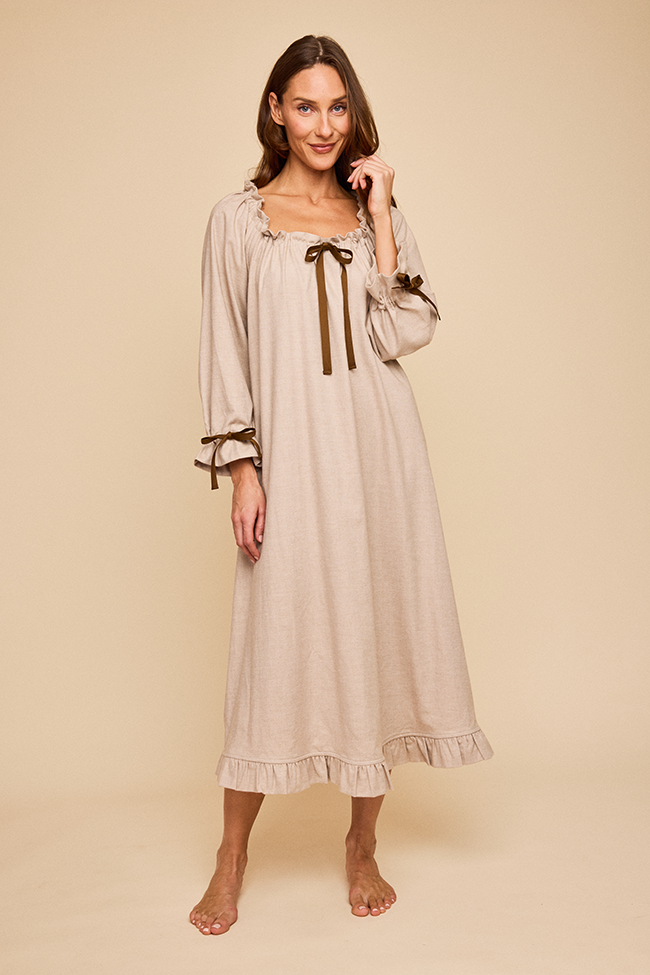 Long Sleeve Tie Nightie Fawn Cashmere Blend