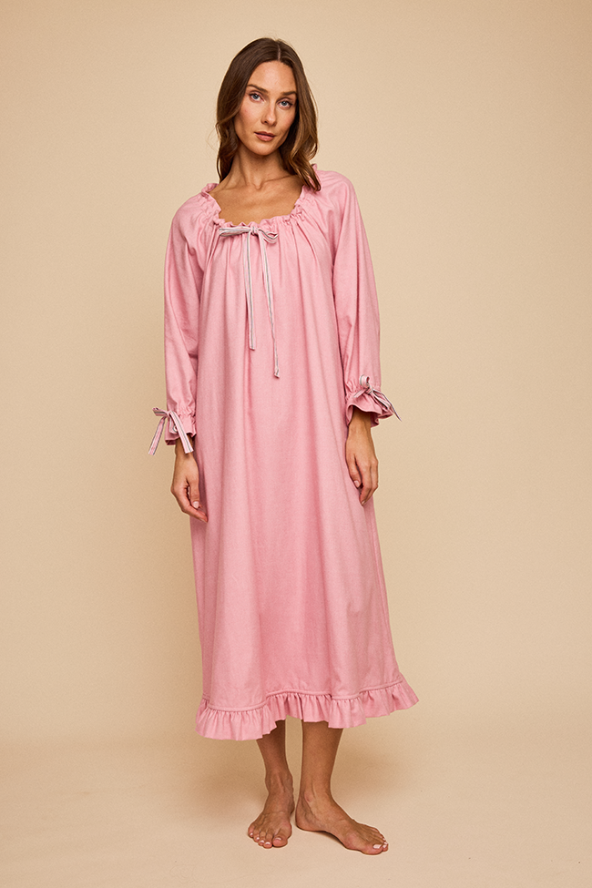 Long Sleeve Tie Nightie Pink Flannel