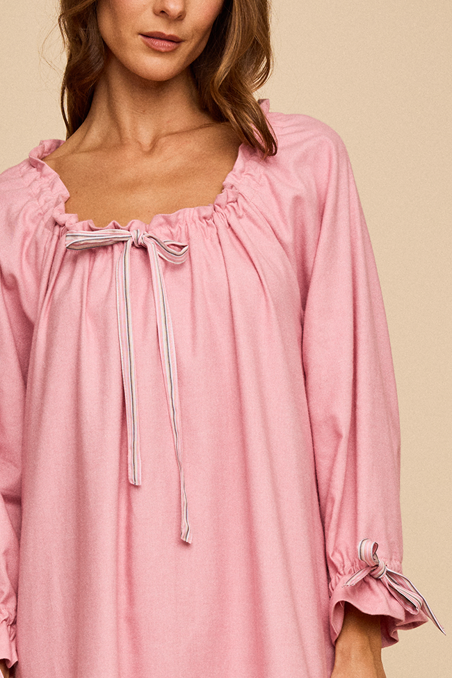Long Sleeve Tie Nightie Pink Flannel