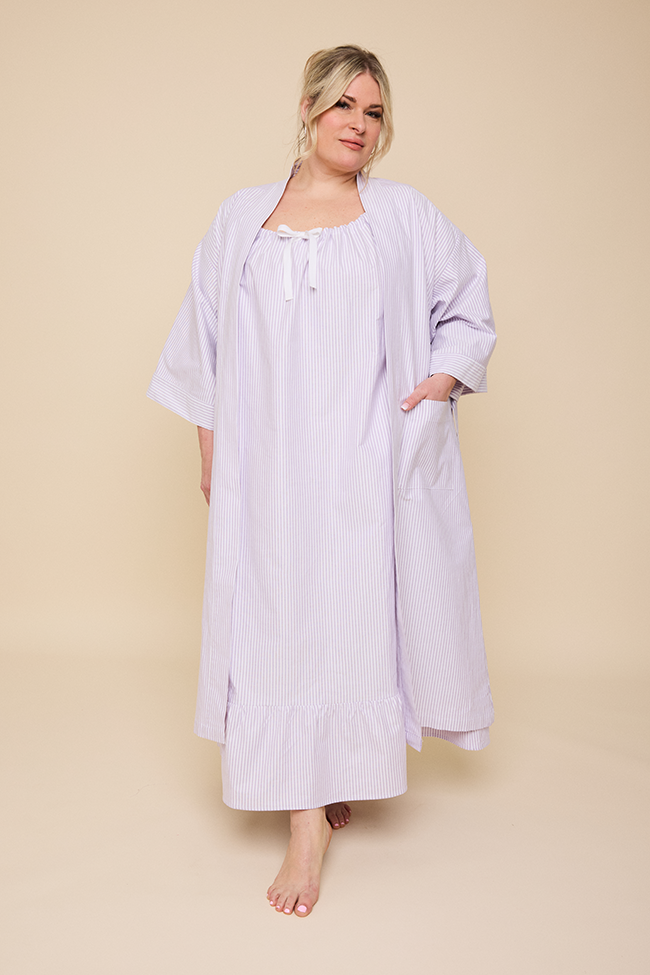 Set - Robe & Long Sleeveless Nightie<br>in Lavender Oxford Stripe
