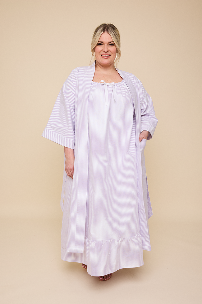 Set - Robe & Long Sleeveless Nightie<br>in Lavender Oxford Stripe