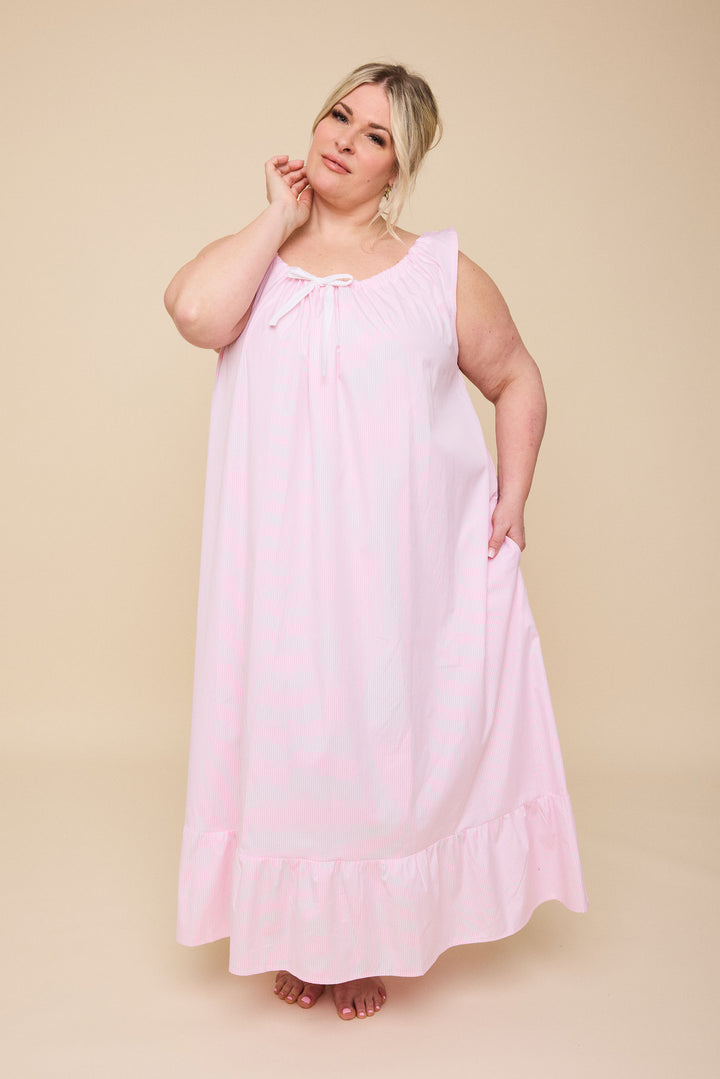 Long Sleeveless Nightie<br>in Pink Stripe Shirting