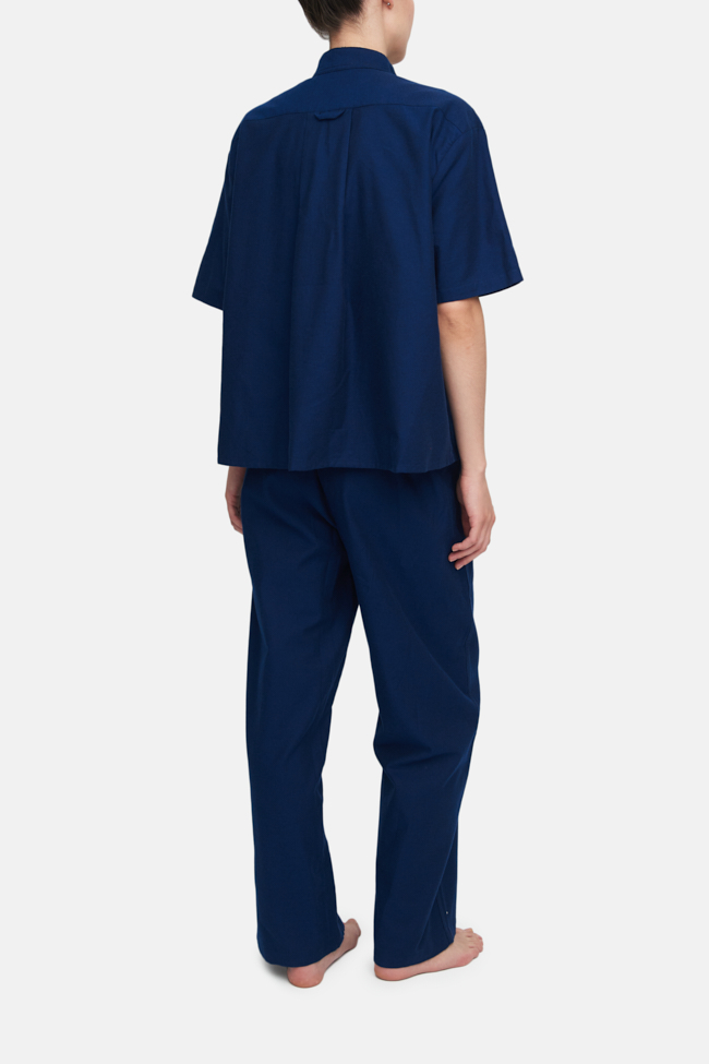 Set - Short Sleeve Cropped Sleep Shirt and Lounge Pant Navy Flannel