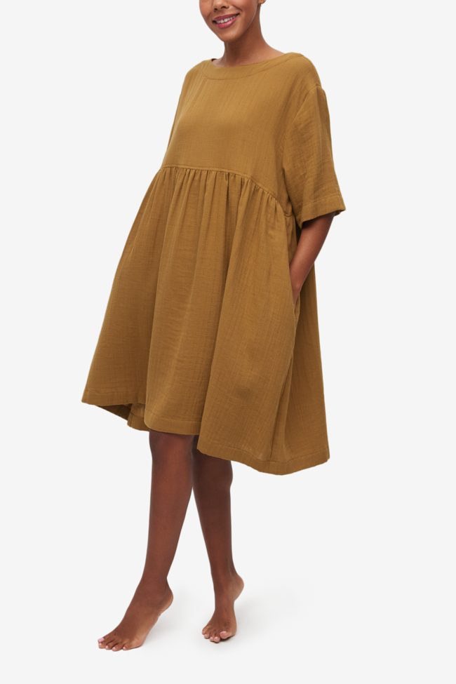 Smock Dress Olive Striped Gauze