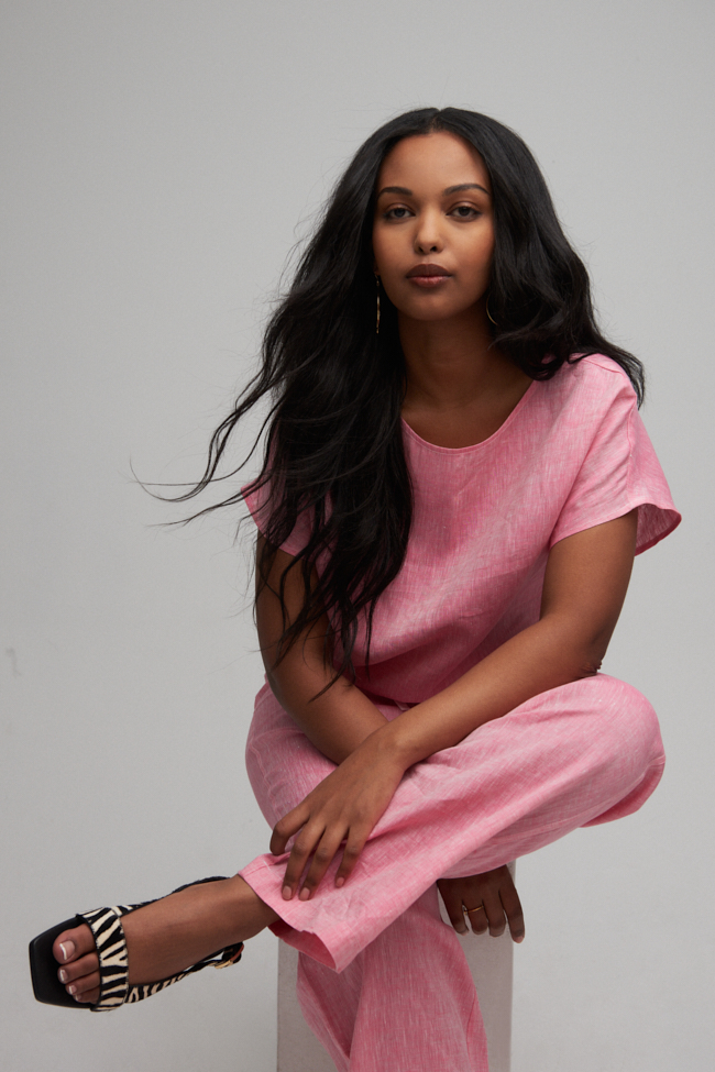 Set - Woven T-Shirt and Lounge Pant Raspberry Pink Linen