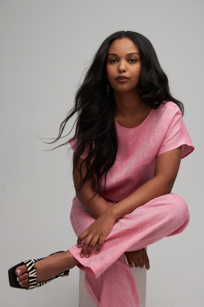 Set - Woven T-Shirt and Lounge Pant Raspberry Pink Linen