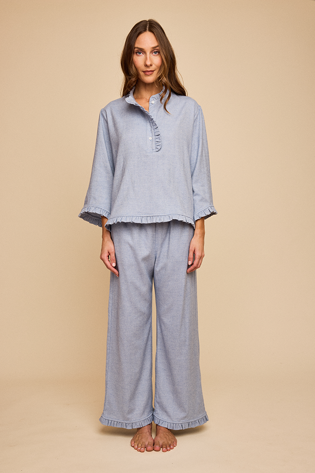 Ruffled Sleep Set Blue Herringbone Flannel