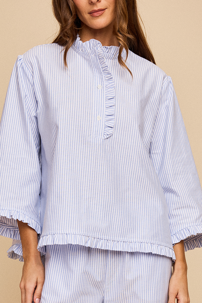 Ruffled Sleep Set Blue Oxford Stripe