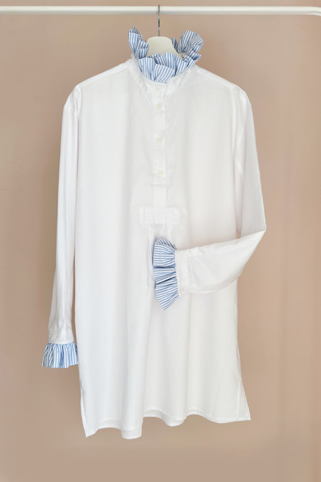 LIMITED EDITION: Short Sleep Shirt with Contrast Ruffle<br>in White Royal Oxford
