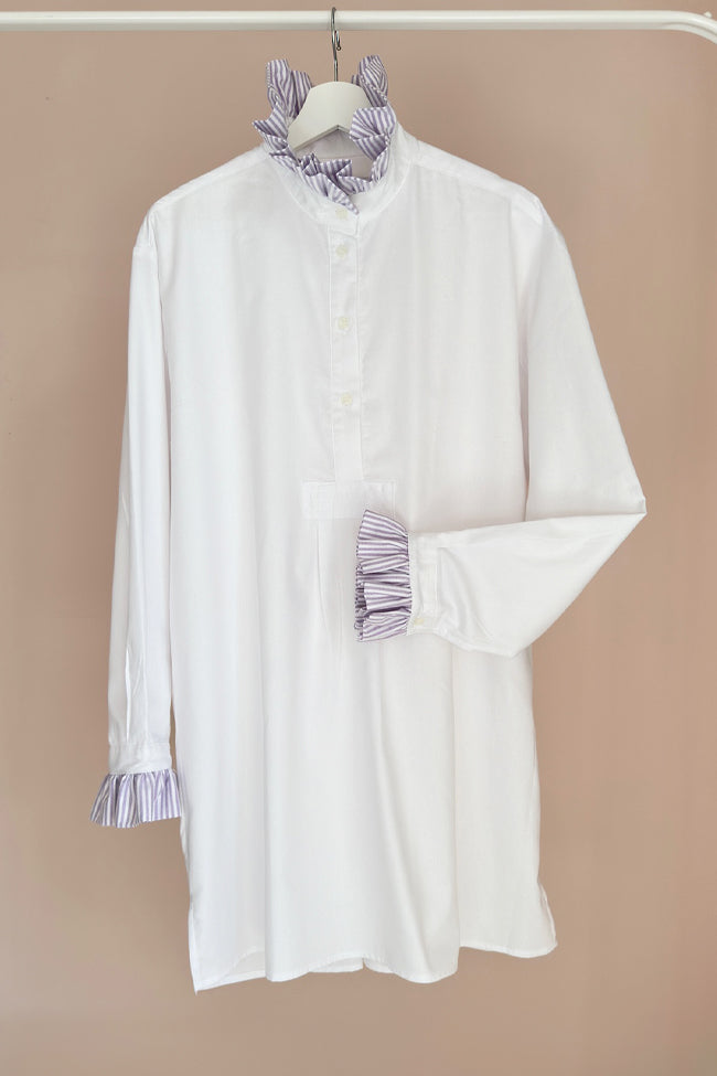 LIMITED EDITION: Short Sleep Shirt with Contrast Ruffle<br>in White Royal Oxford