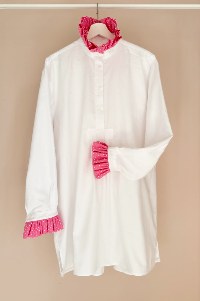 LIMITED EDITION: Short Sleep Shirt with Contrast Ruffle<br>in White Royal Oxford