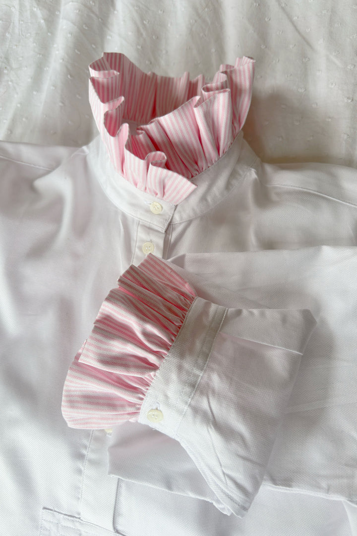 LIMITED EDITION: Short Sleep Shirt with Contrast Ruffle<br>in White Royal Oxford