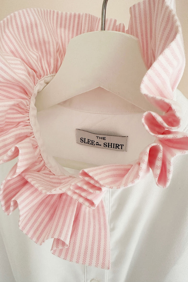 LIMITED EDITION: Short Sleep Shirt with Contrast Ruffle<br>in White Royal Oxford