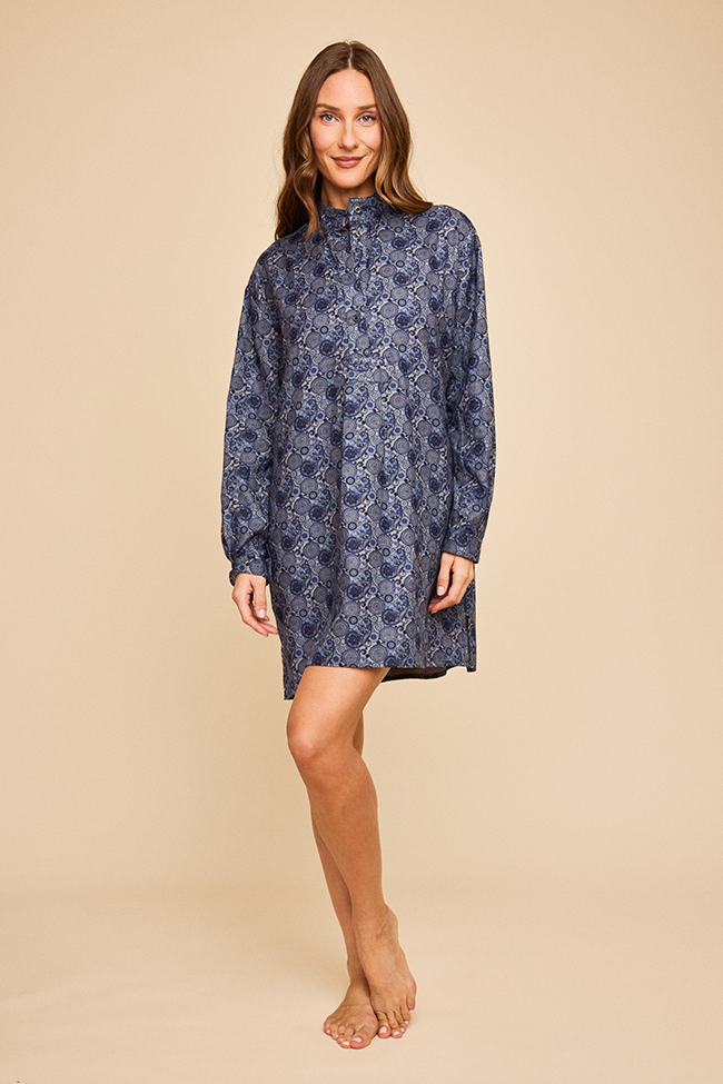 Short Sleep Shirt Navy Paisley Flannel