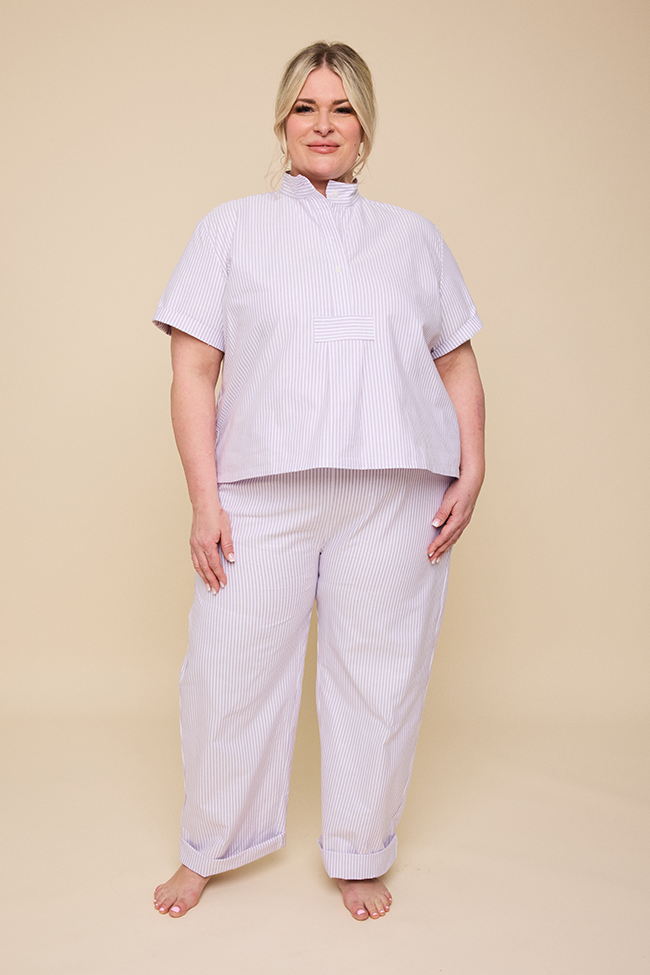 Set - Short Sleeve Cropped Sleep Shirt & Lounge Pant Lavender Oxford Stripe
