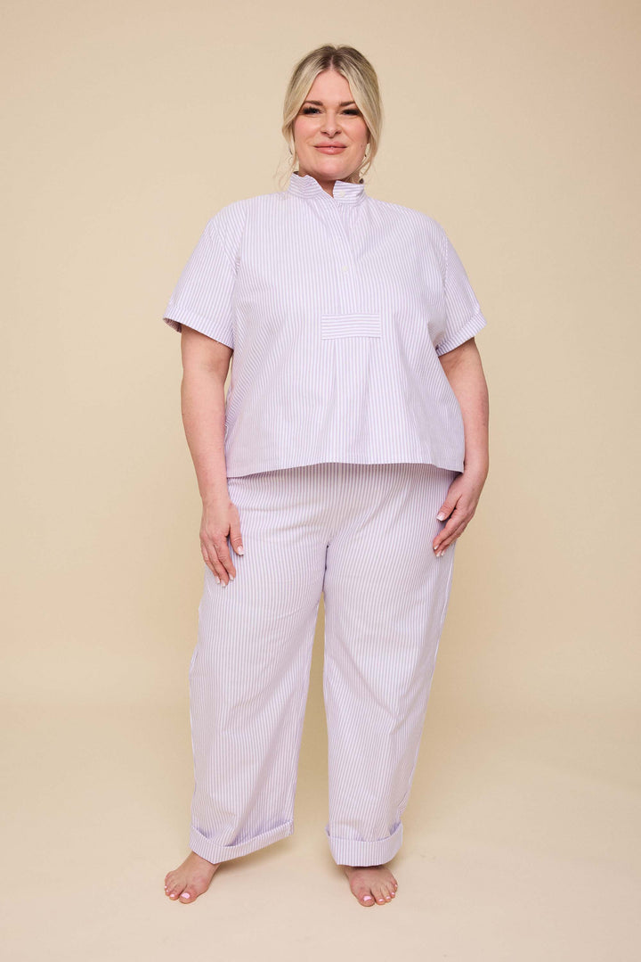 Set - Short Sleep Cropped Sleep Shirt &amp; Lounge Pant <br> in Lavender Oxford Stripe