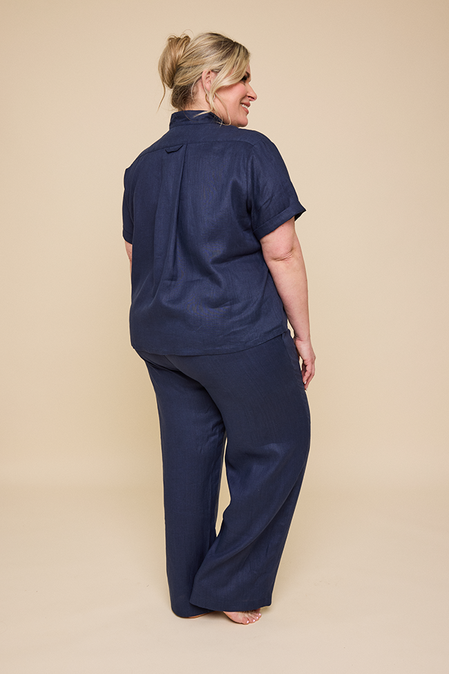 Short Sleeve Cropped Sleep Shirt & Lounge Pant Navy Linen