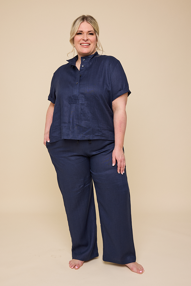 Short Sleeve Cropped Sleep Shirt & Lounge Pant Navy Linen