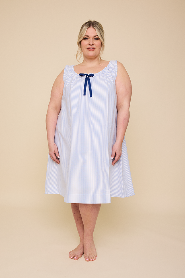 Sleeveless Nightie Blue Oxford Stripe