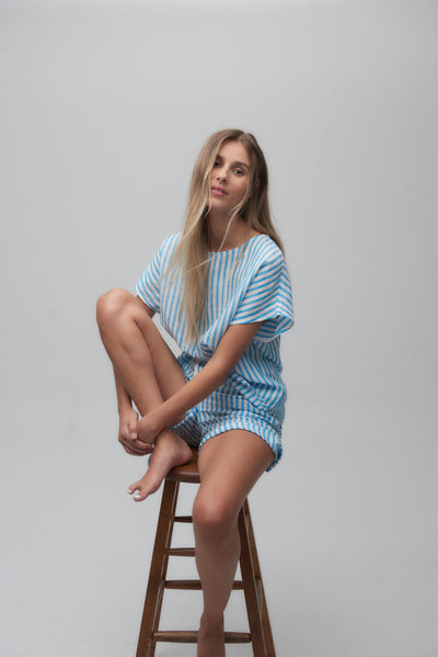 Set - Woven T-Shirt and Lounge Short Cyan Linen Stripe