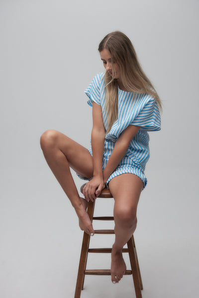 Set - Woven T-Shirt and Lounge Short Cyan Linen Stripe