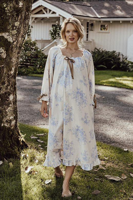 Long Sleeve Tie Nightie Blue Tea Rose