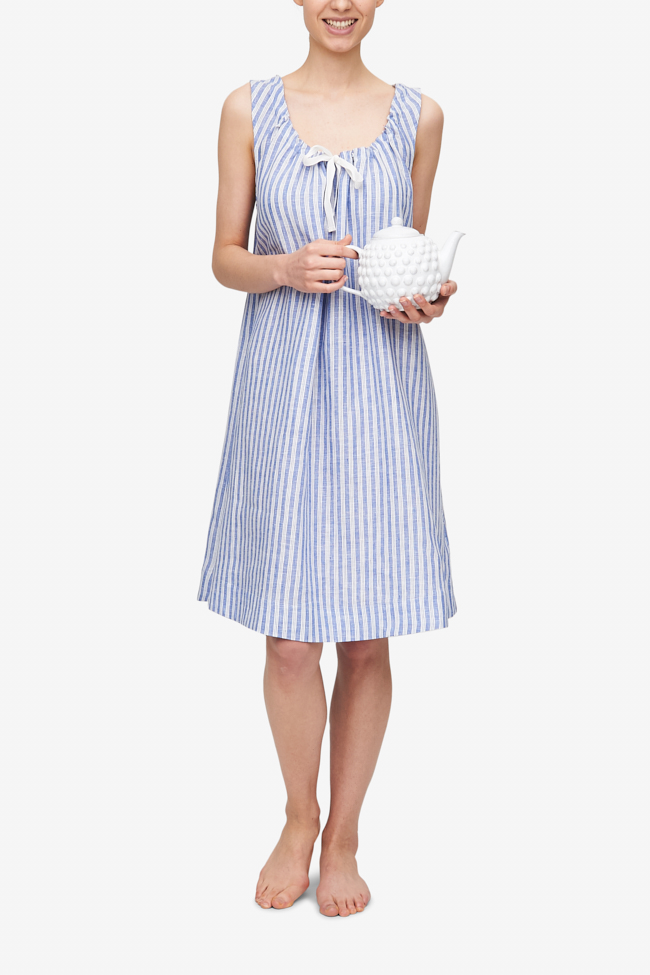 front view sleeveless adjustable neckline nightie nightgown blueberry stripe linen by the Sleep Shirt
