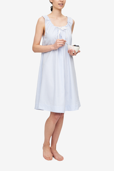 front view sleeveless adjustable neckline nightie nightgown sunday uniform blue stripe cotton by the Sleep Shirt