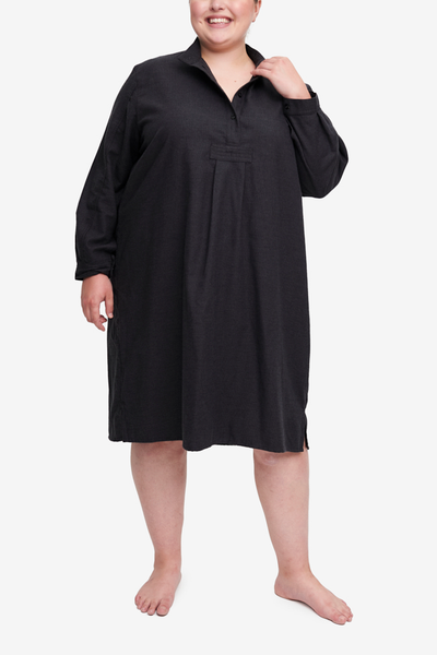 Plus size modest nightshirt with high collar and long sleeves. Made in a luxurious dark grey cotton flannel with a small black houndstooth pattern in the weave. Hits below the knee.