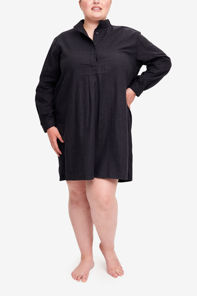 Plus size sleepwear with long sleeves. Short Sleep Shirt hits above the knee, with a three quarter placket that opens for a relax feel. A chic  grey and black  houndstooth print in a cotton flannel.