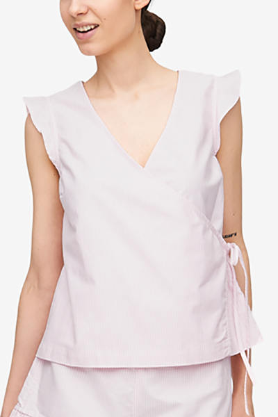 Set - Wrap Top and Ruffle Short Pink Oxford Stripe