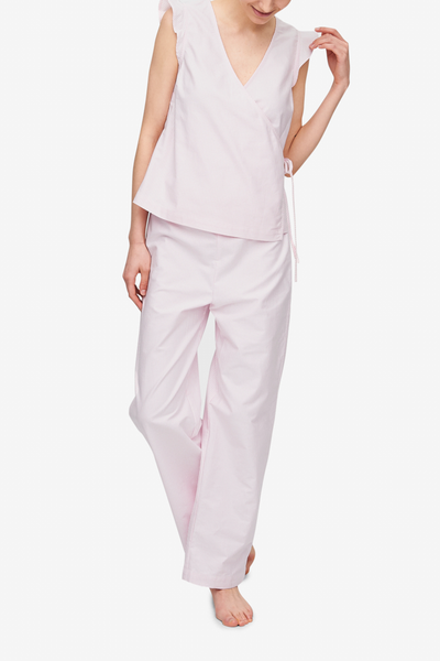 front view wrap top lounge pant pajama set pink oxford stripe cotton by the Sleep Shirt