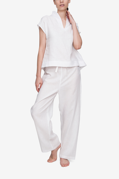 front view t-shirt top short with lounge pants pajama set white linen by the Sleep Shirt 