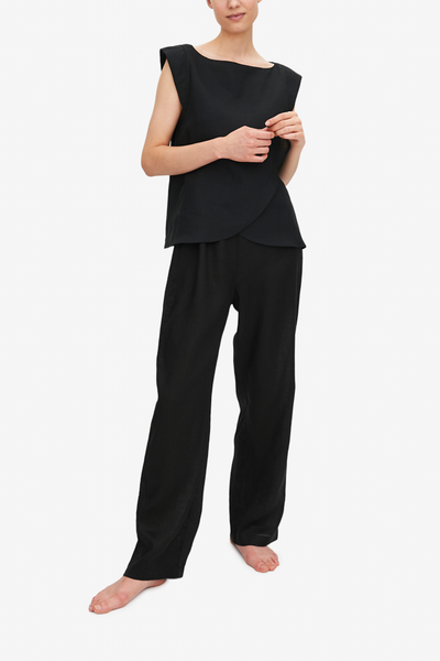 front view crossover top lounge pant in black linen by The Sleep Shirt