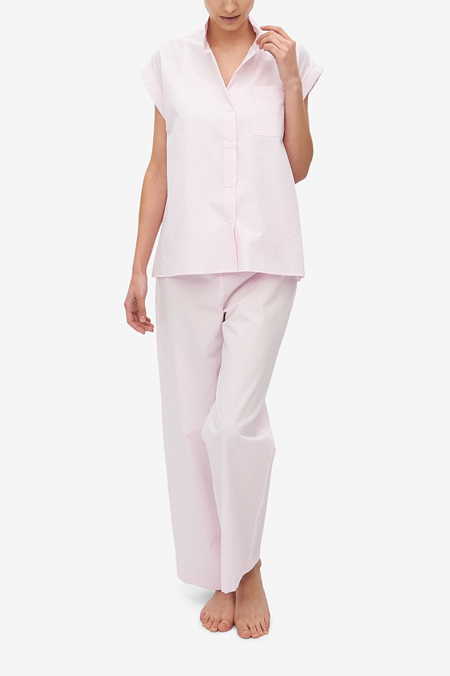 Set - Cuffed Sleeve Shirt and Lounge Pant Pink Seersucker