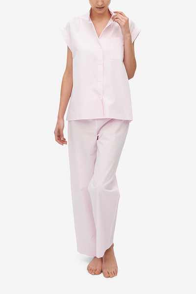 Set - Cuffed Sleeve Shirt and Lounge Pant Pink Seersucker