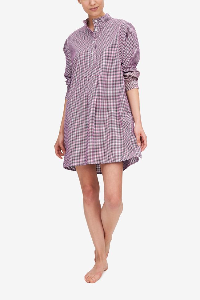 front view classic short sleep shirt red, blue and white check cotton by the Sleep Shirt