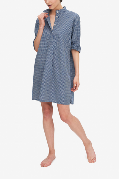 front view classic short sleep shirt blue check linen cotton blend by the Sleep Shirt