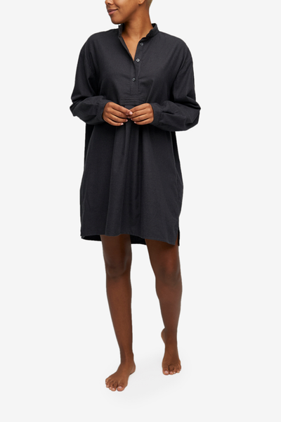 Classic Short Sleep Shirt with a high stand collar and long sleeves. Made in a gorgeous grey and black houndstooth, 100% cotton flannel. 