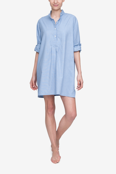 front view classic short sleep shirt blue check light cashmarello cashmere cotton by the Sleep Shirt
