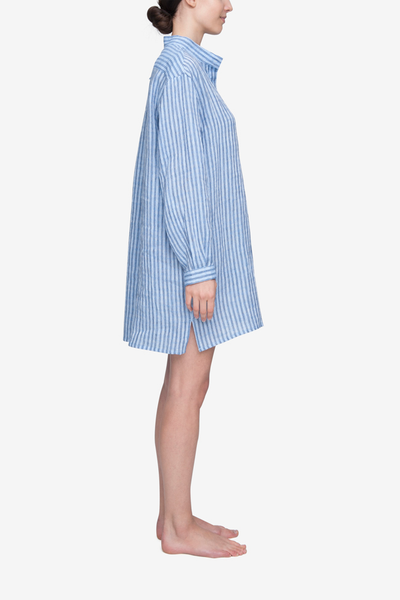 Short Sleep Shirt Double Blue Stripe Linen
