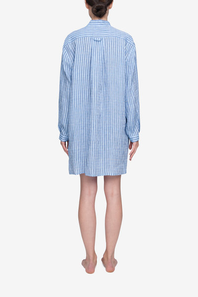 Short Sleep Shirt Double Blue Stripe Linen
