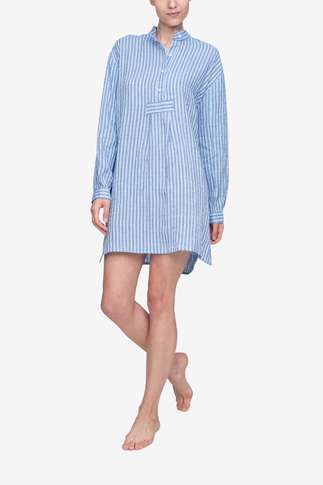 front view classic short sleep shirt double blue stripe linen by the Sleep Shirt
