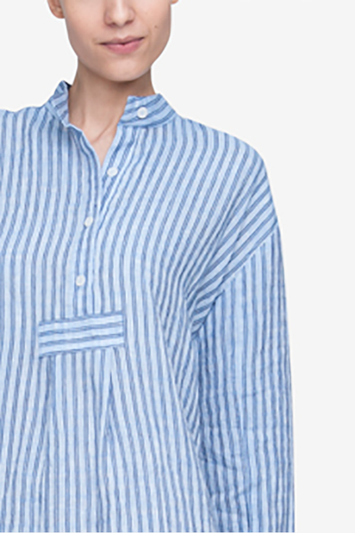Short Sleep Shirt Double Blue Stripe Linen