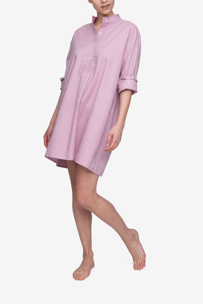 front view classic short sleep shirt dusty pink check cotton by the Sleep Shirt