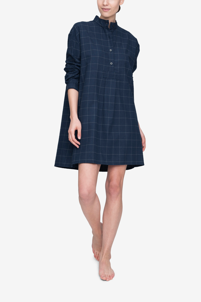 front view classic short sleep shirt navy windowpane flannel cotton by the Sleep Shirt